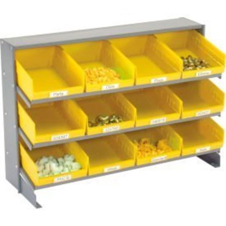 GLOBAL EQUIPMENT 3 Shelf Bench Pick Rack - 12 Yellow Plastic Shelf Bins 8 Inch Wide 33x12x21 603423YL